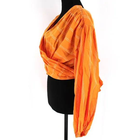 Acler Wyatt Crop Wrap Blouse Top 6 Orange White Pinstripe Balloon Puffy Sleeve S - Picture 5 of 9